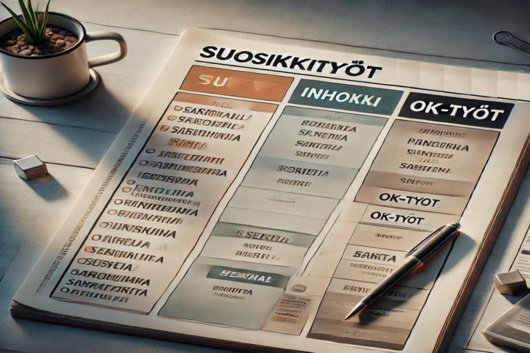 Kuvassa vinkki, miten tehdä lista omista töistä, joita rakastaa, inhoaa tai ovat ok