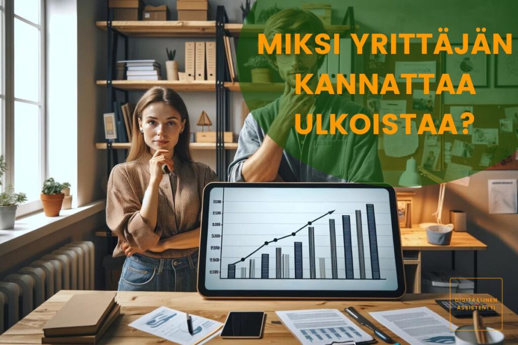 Kuvassa on artikkelin otsikko Miksi yrittäjän kannattaa ulkoistaa? sekä kaksi henkilöä, jotka miettivät ulkoistamista pöydän takana. Pöydällä on tietokoneen ruutu, jossa grafiikkaa.