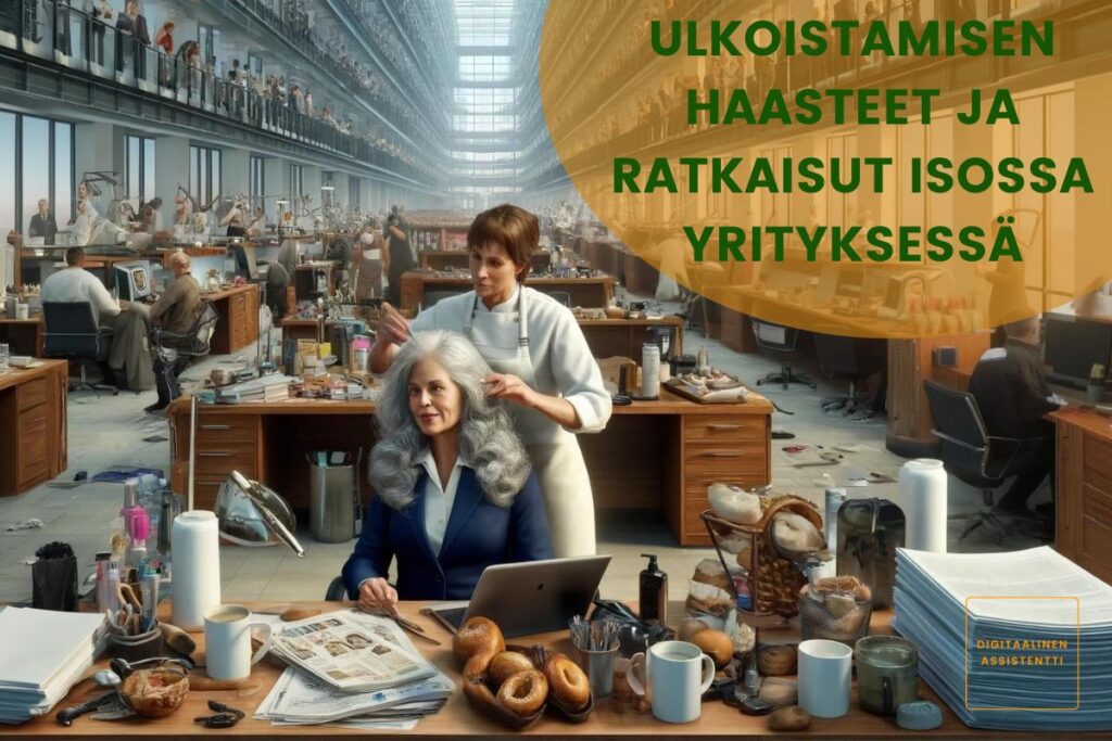Kuvassa on artikkelin otsikko ulkoistamisen haasteet ja ratkaisut isossa yrityksessä - 10 esimerkkiä ja lisäksi kuva, jossa on erilaista yritystoimintaa.